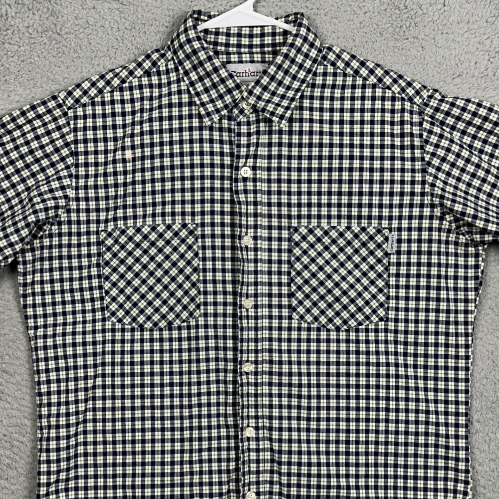 Carhartt Shirt Men Large Blue Green Button Up Plaid Short Sleeve Pocket Workwear